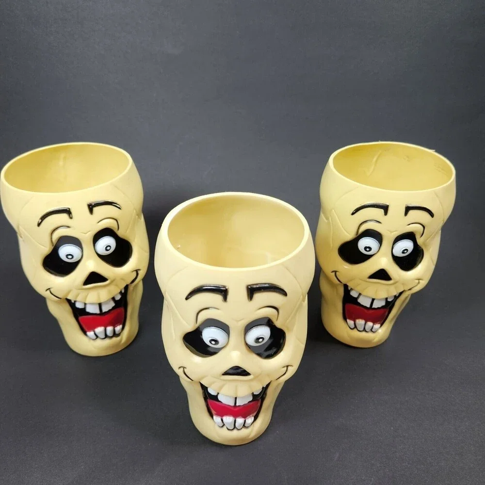 Halloween Skeleton Plastic Cups 3 Lot Mold Formed Silly Monsters 6 inch